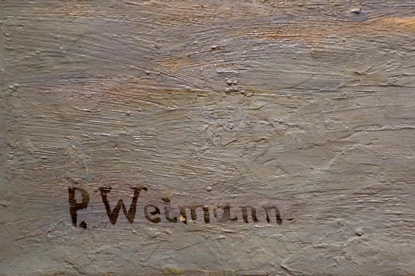 Signature p. on back of Paul Weimann oil painting Winter landscape