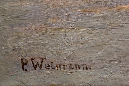 Signature p. on back of Paul Weimann oil painting Winter landscape