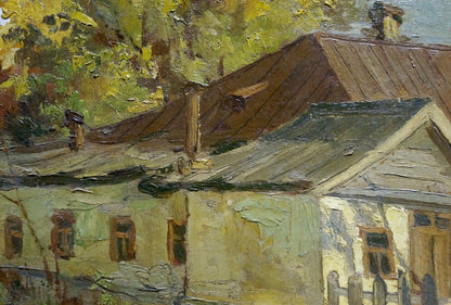 Oil painting of weathered light green house by Autumn Nevkritiy Denis Nikiforovich
