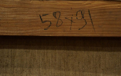 Back of Paul Weimann winter landscape oil painting with handwritten 58+91 label on wooden frame