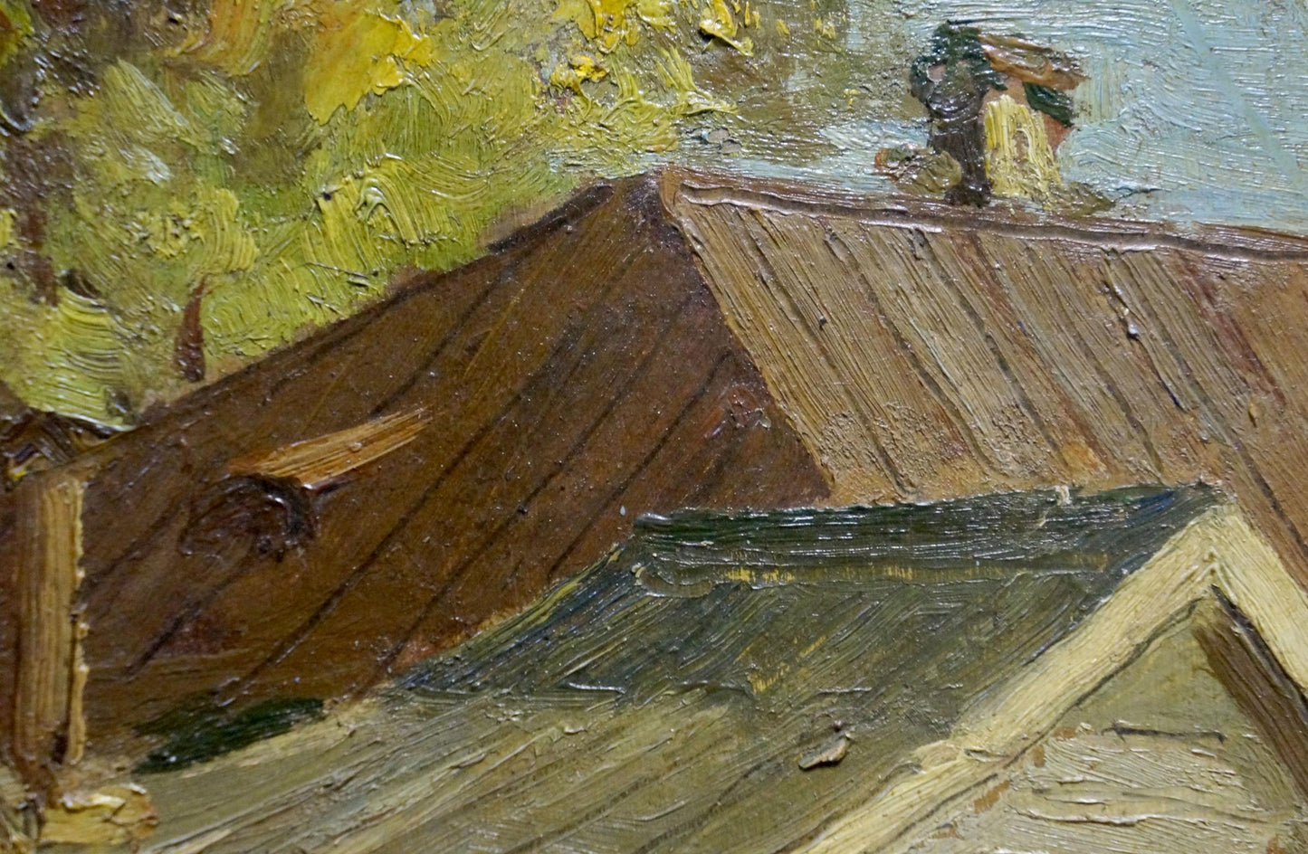 Oil painting Autumn Nevkritiy Denis Nikiforovich textured brown wooden roof