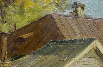 Oil painting Autumn Nevkritiy Denis Nikiforovich textured brown wooden roof