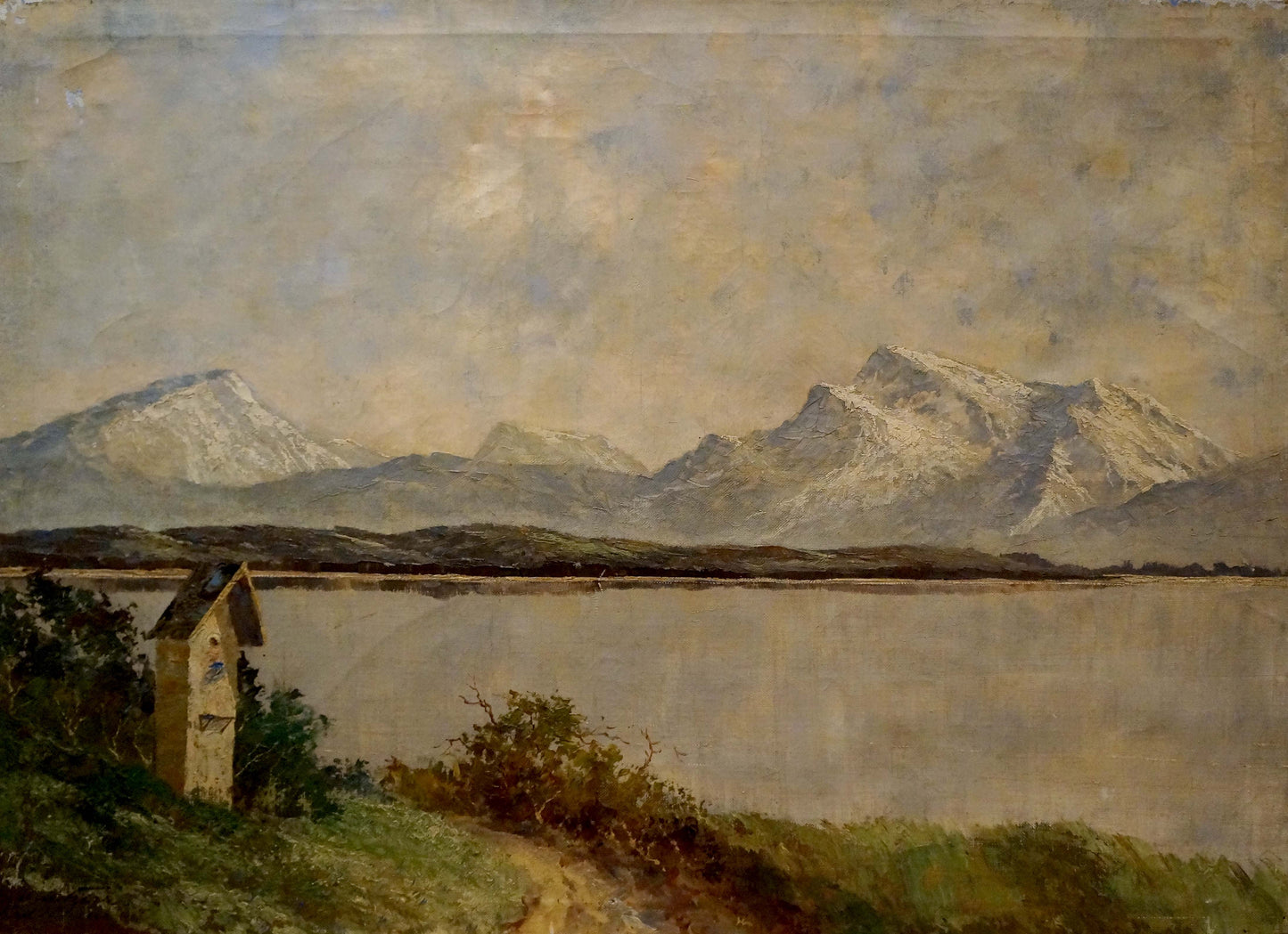 Oil painting Alpine freshness: serene lake, snow-capped mountains, stone chapel