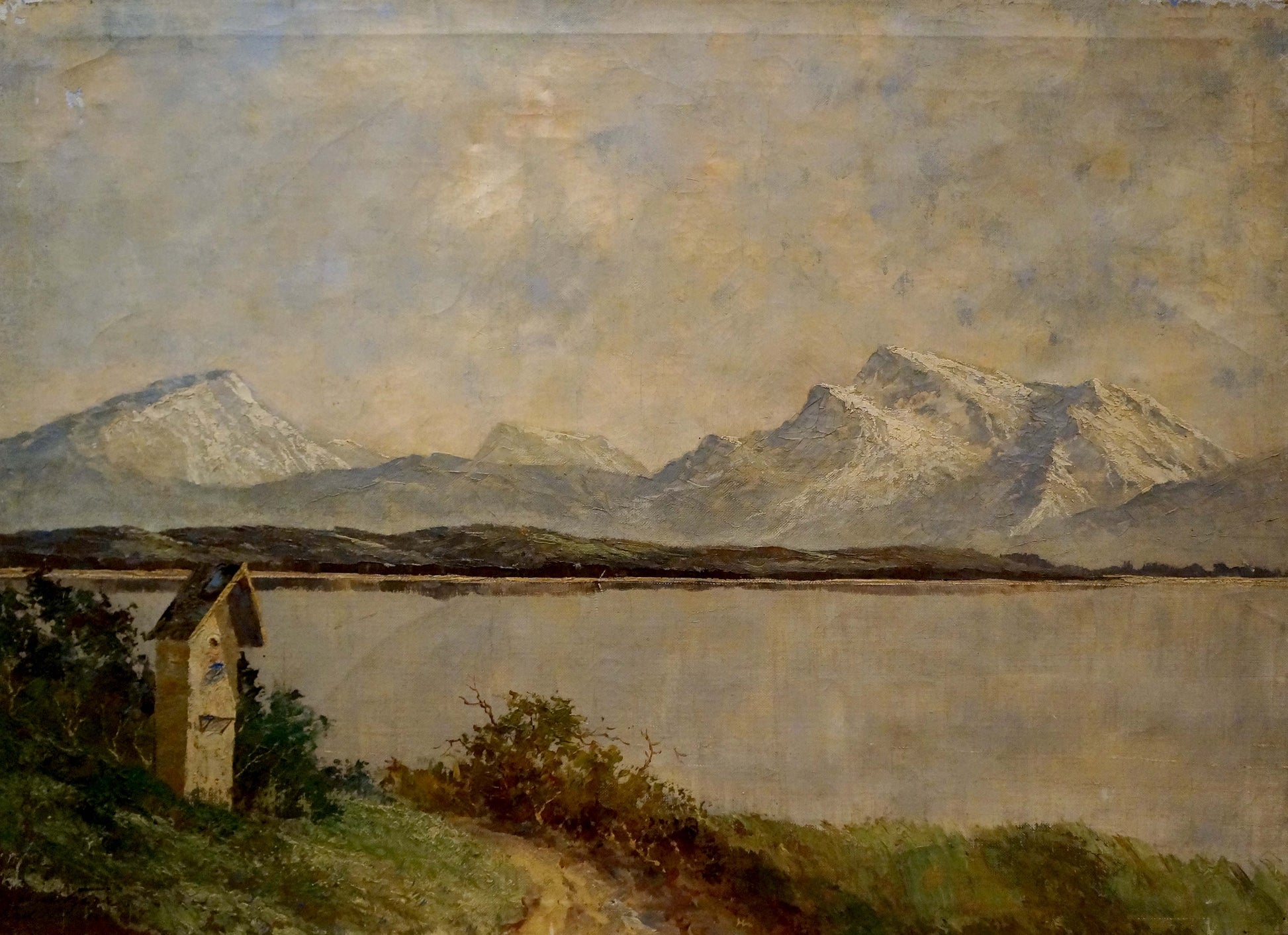 Oil painting Alpine freshness: serene lake, snow-capped mountains, stone chapel