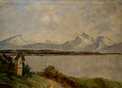 Oil painting Alpine freshness: serene lake, snow-capped mountains, stone chapel