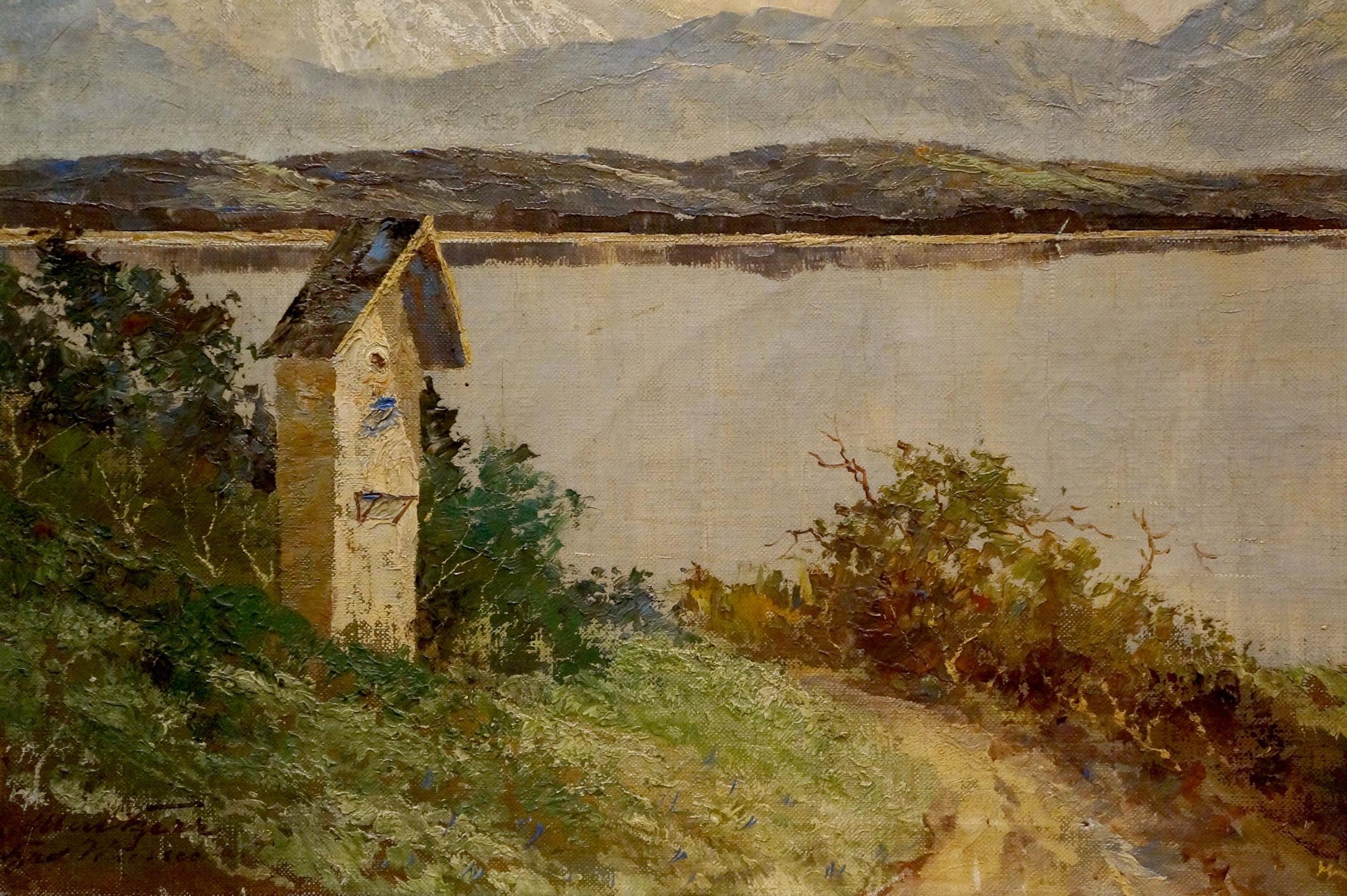 Oil painting Alpine freshness: beige birdhouse by serene lake in green foliage