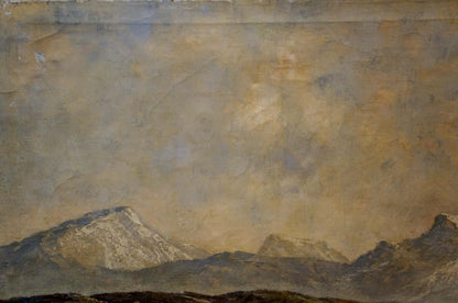 Oil painting Alpine freshness: textured muted mountain landscape with snow peaks