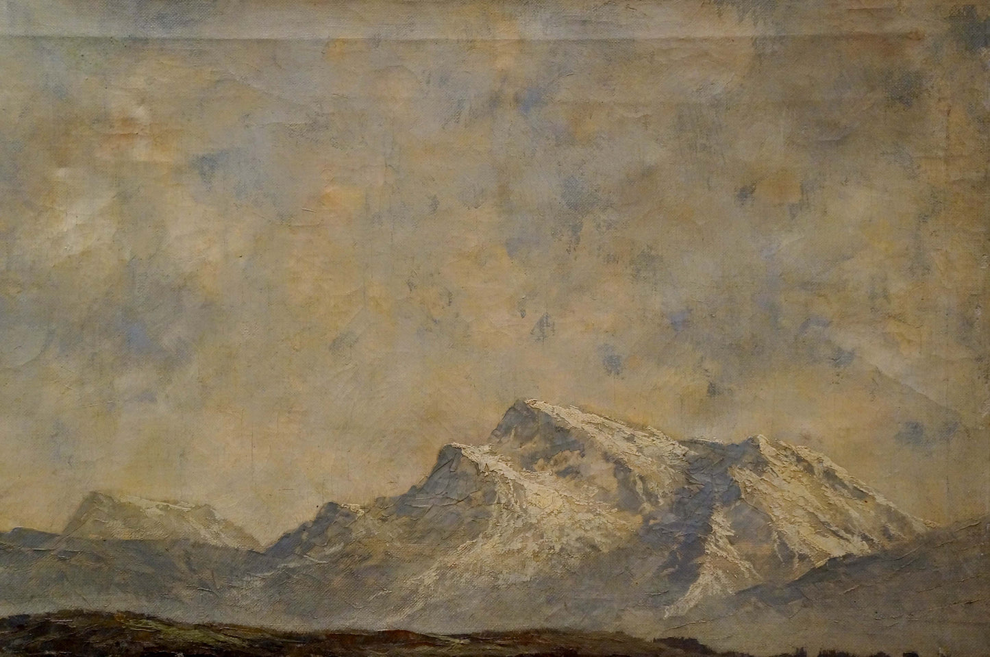 Oil painting Alpine freshness: textured impressionistic snow-capped mountains
