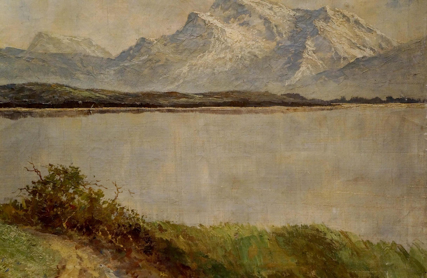 Oil painting Alpine freshness: snow-capped rugged peaks in muted tones