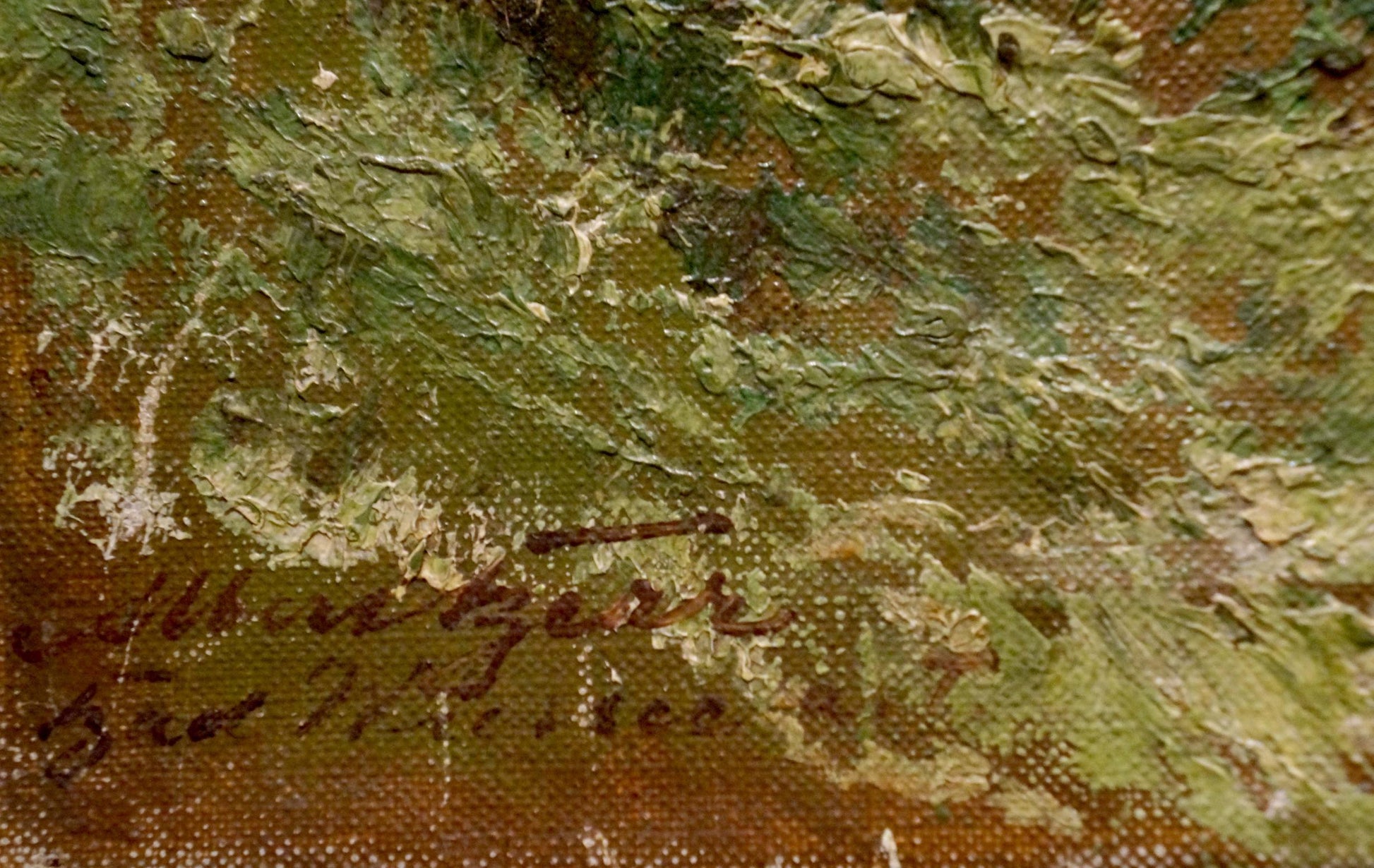 Oil painting Alpine freshness with thick impasto greens and browns