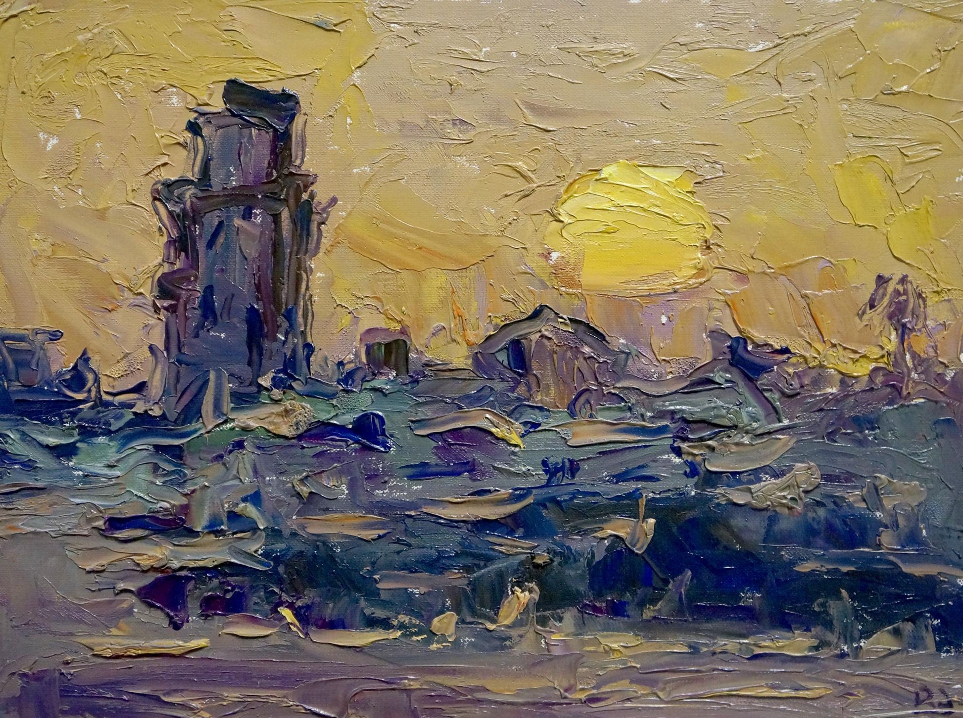 Textured oil painting of tower in golden sunset by Endeberya Victor