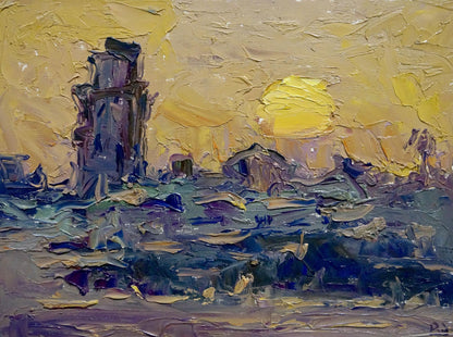 Textured oil painting of tower in golden sunset by Endeberya Victor