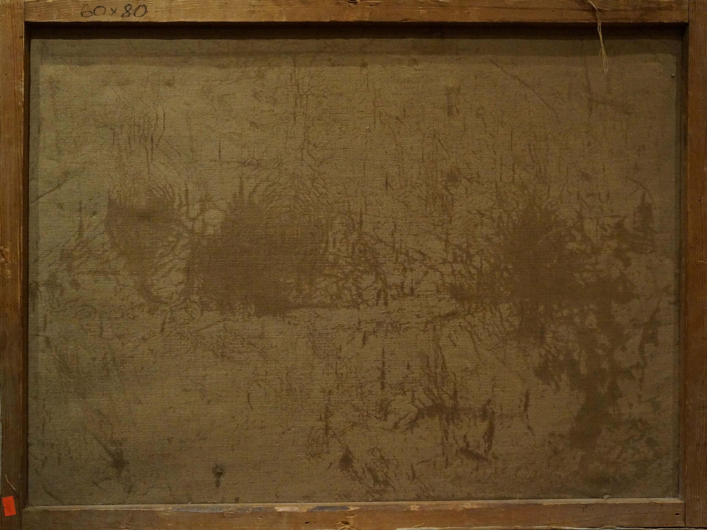 Back of Oil painting Alpine freshness framed canvas with dark smudged paint marks