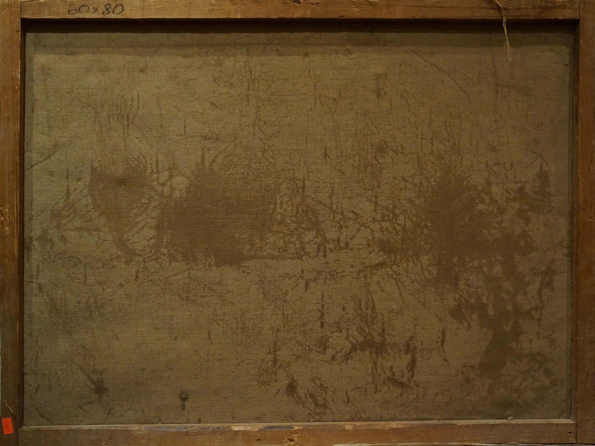Back of Oil painting Alpine freshness framed canvas with dark smudged paint marks