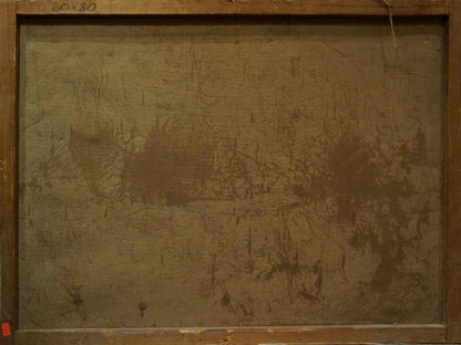 Back of Oil painting Alpine freshness framed canvas with dark smudged paint marks