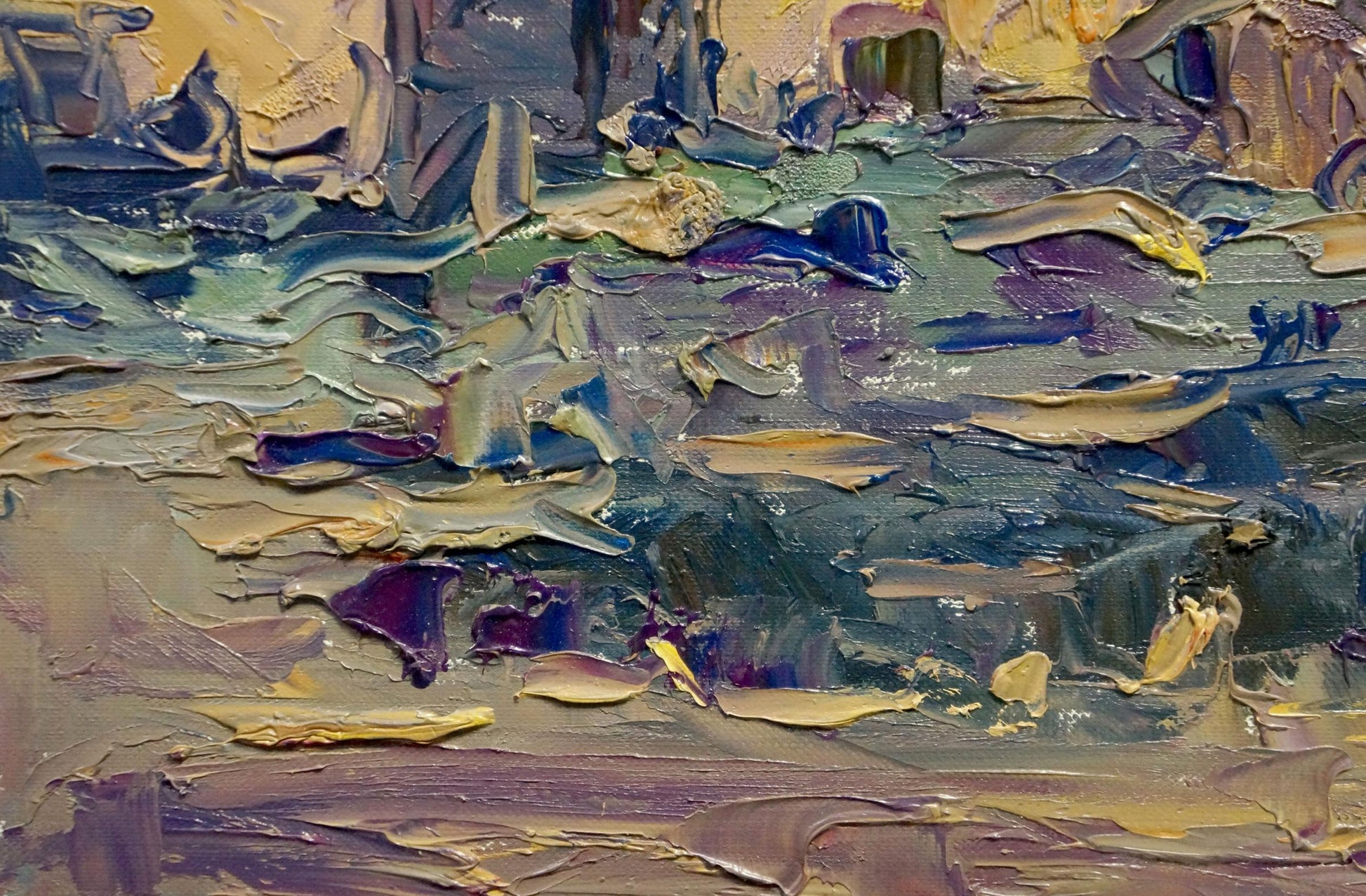 Oil painting Sunset Endeberya Victor with impasto brushstrokes in gold, blue, purple