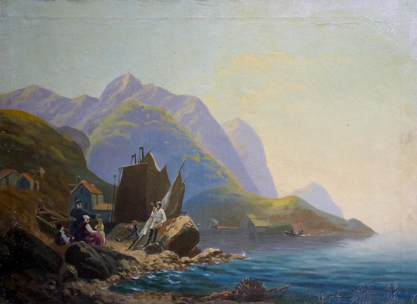 Oil painting Glow by Melnikov Leonid Kuzmich: serene coastal landscape with sailing vessel