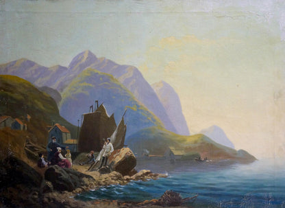 Oil painting Glow by Melnikov Leonid Kuzmich: serene coastal landscape with sailing vessel