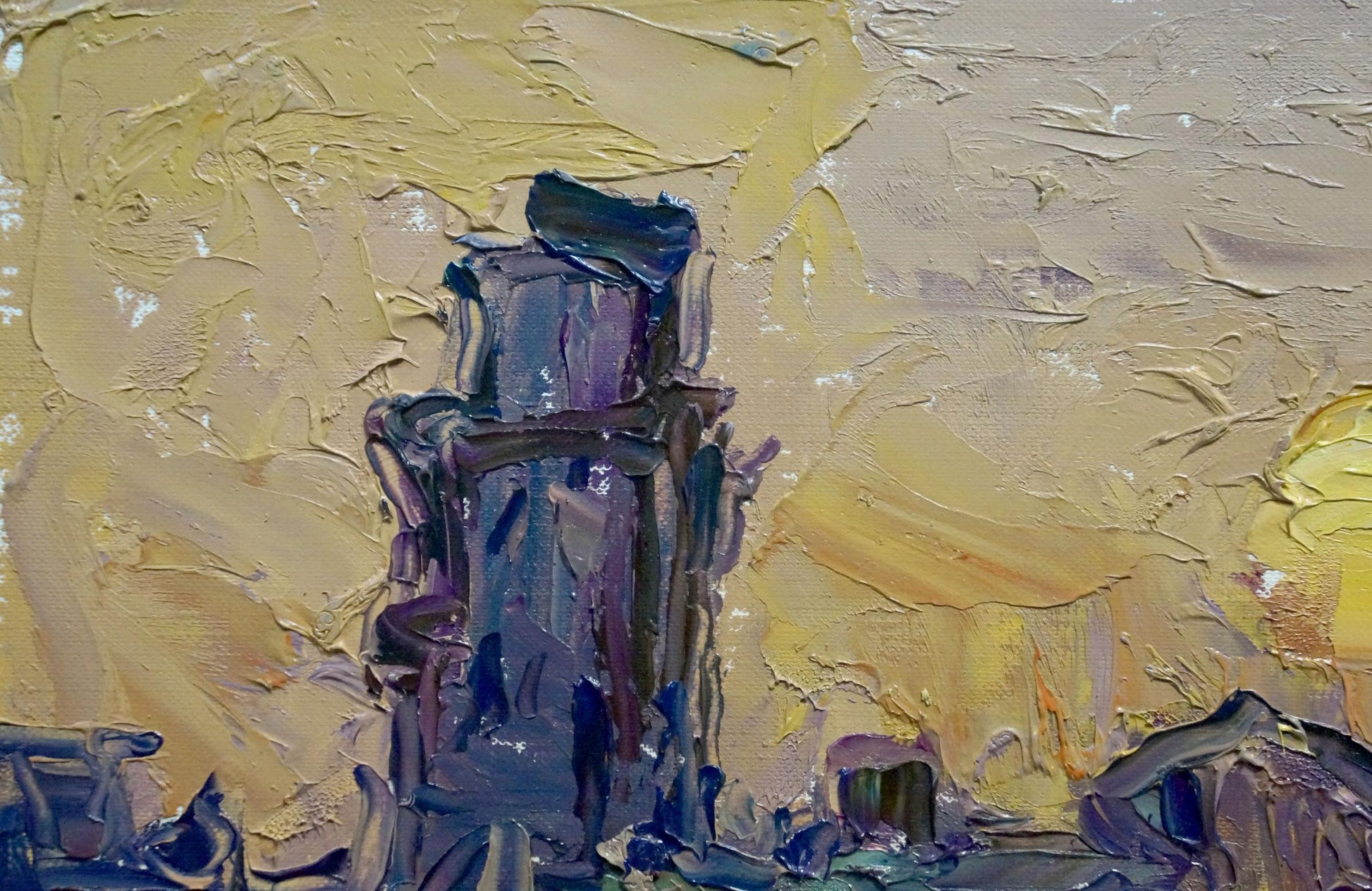 Oil painting Sunset Endeberya Victor: textured dark blue purple tower on yellow background
