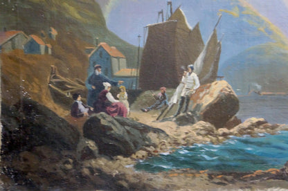 Oil painting Glow by Melnikov Leonid Kuzmich: coastal village with sailing ship