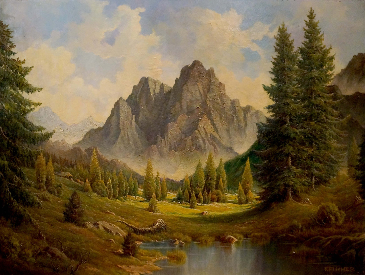 Oil painting Natural Wonder by F. Fischer: majestic mountain range