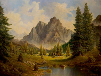Oil painting Natural Wonder by F. Fischer: majestic mountain range