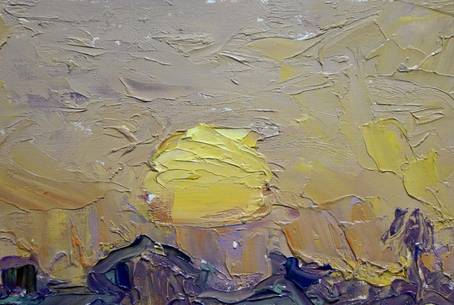 Oil painting Sunset Endeberya Victor: textured yellow sun on browns, purples