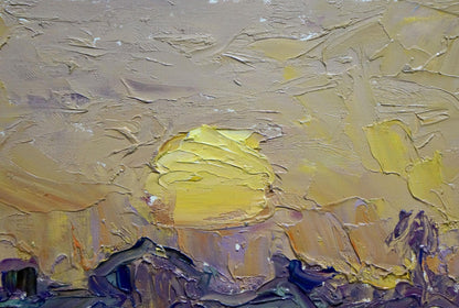Oil painting Sunset Endeberya Victor: textured yellow sun on browns, purples