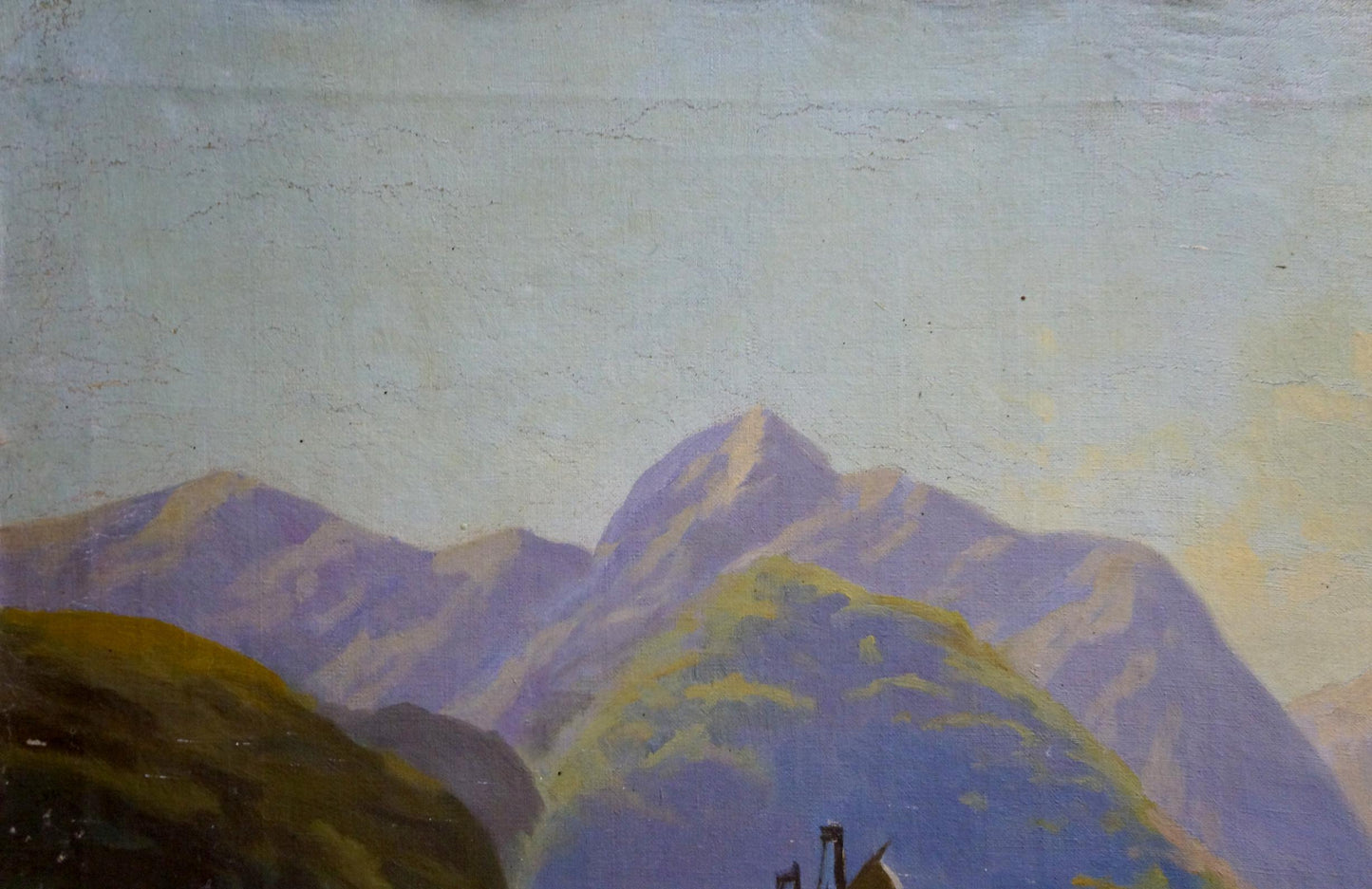 Impressionistic purple green mountain range oil painting Glow by Melnikov Leonid Kuzmich