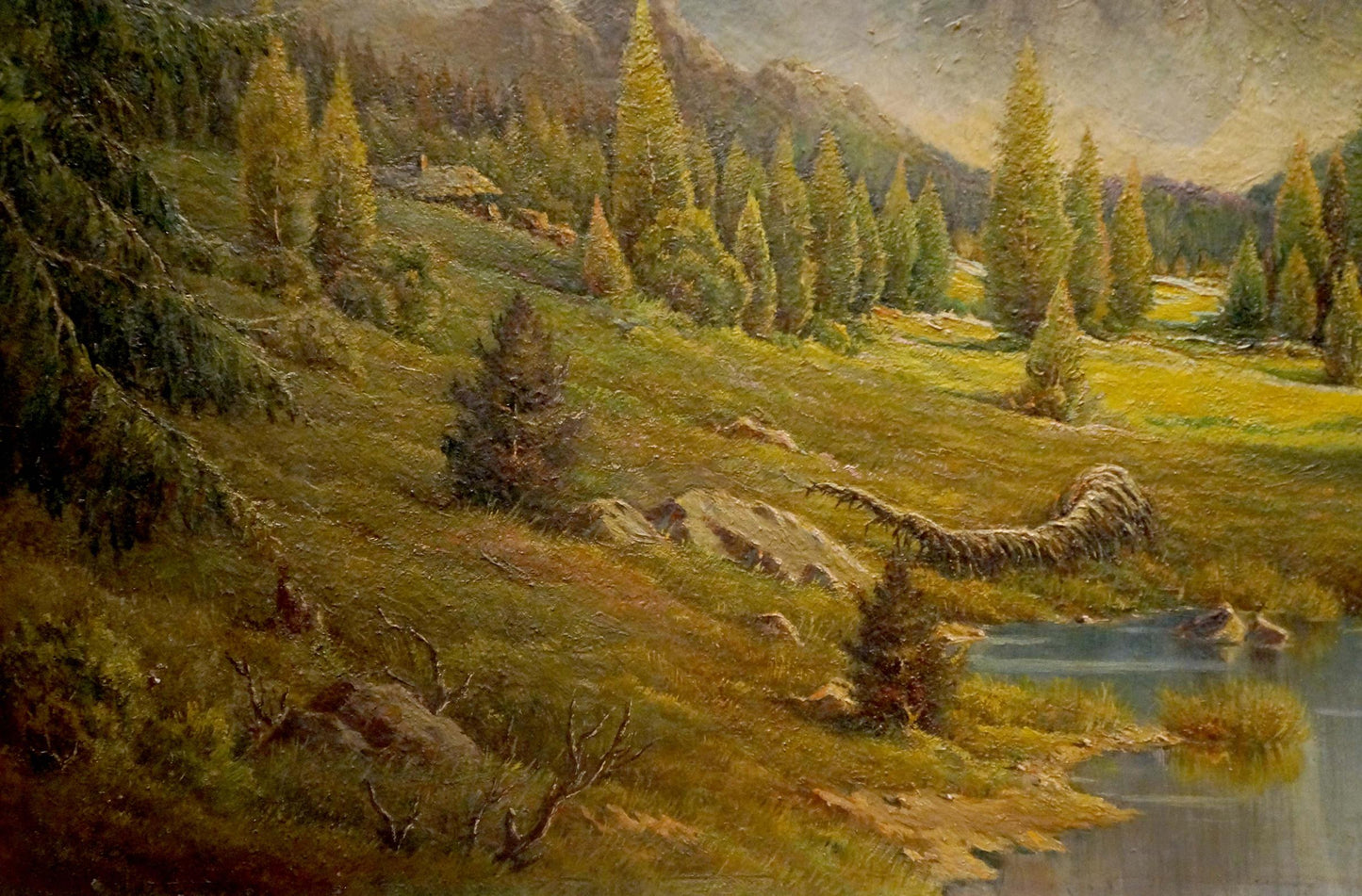 Oil painting Natural wonder F. Fischer: serene mountain landscape with lush foliage