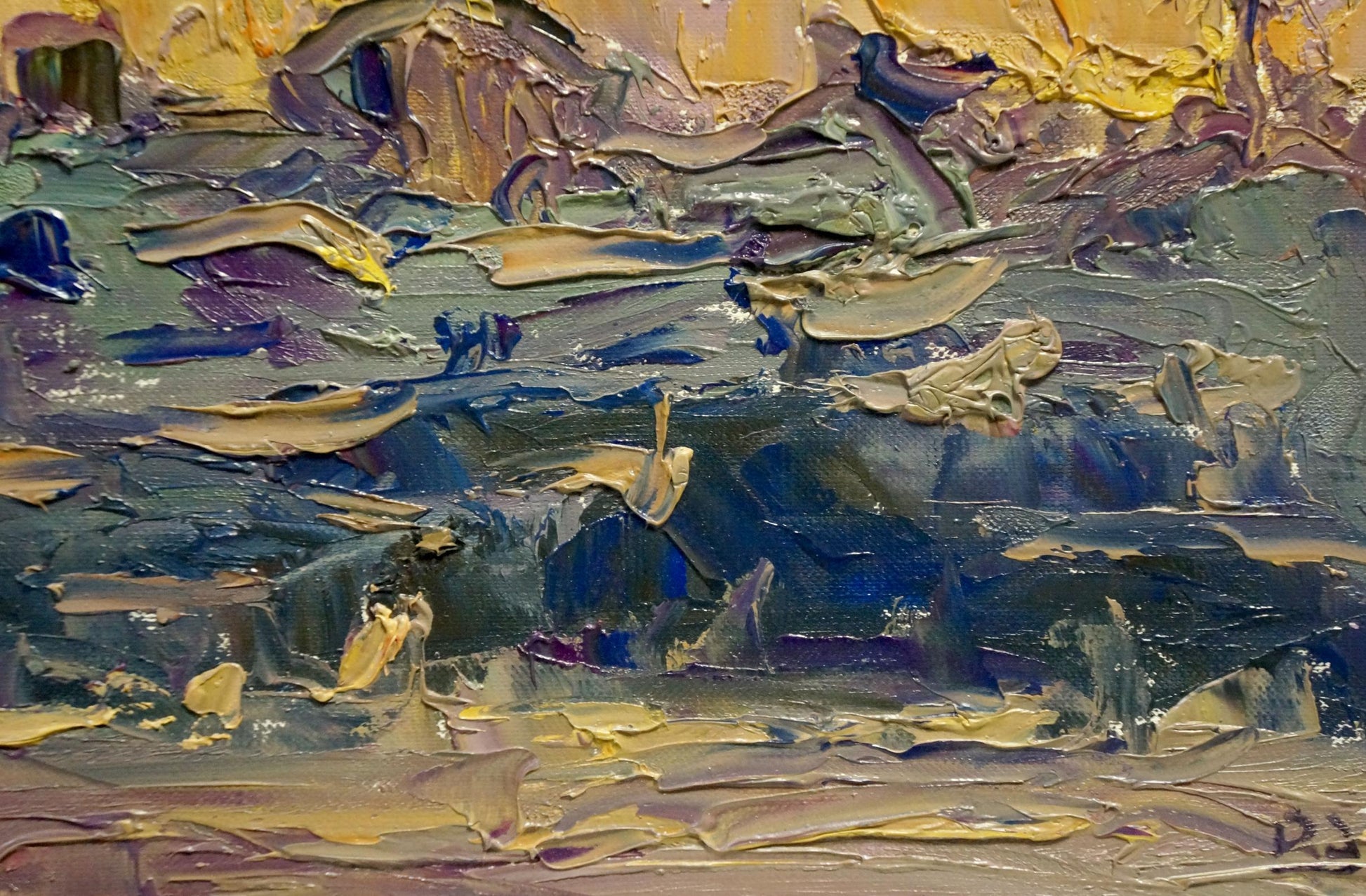 Oil painting Sunset Endeberya Victor with yellow, blue, gray impasto strokes
