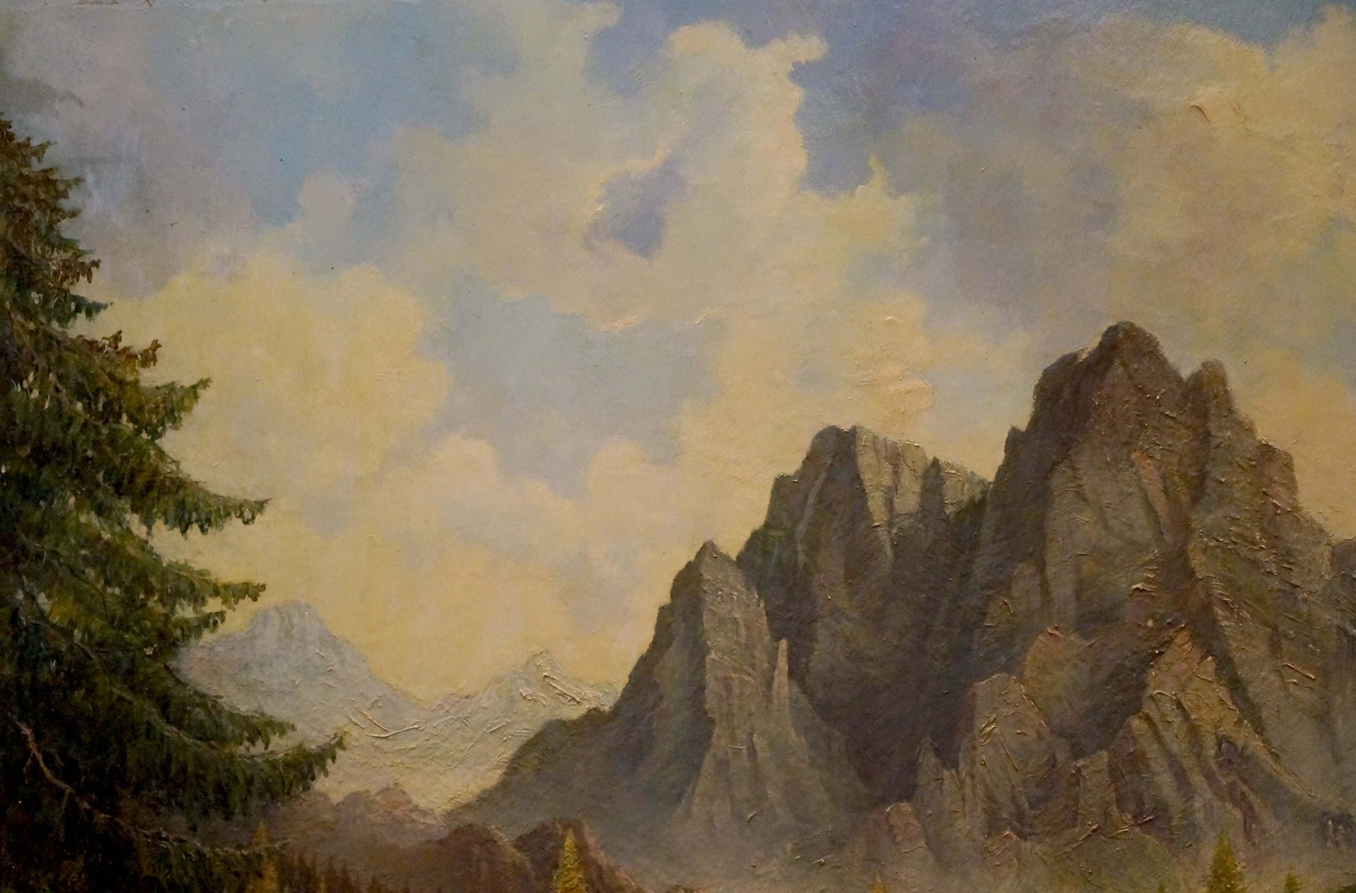 Oil painting Natural Wonder F. Fischer: rocky peaks, evergreens, cloudy sky
