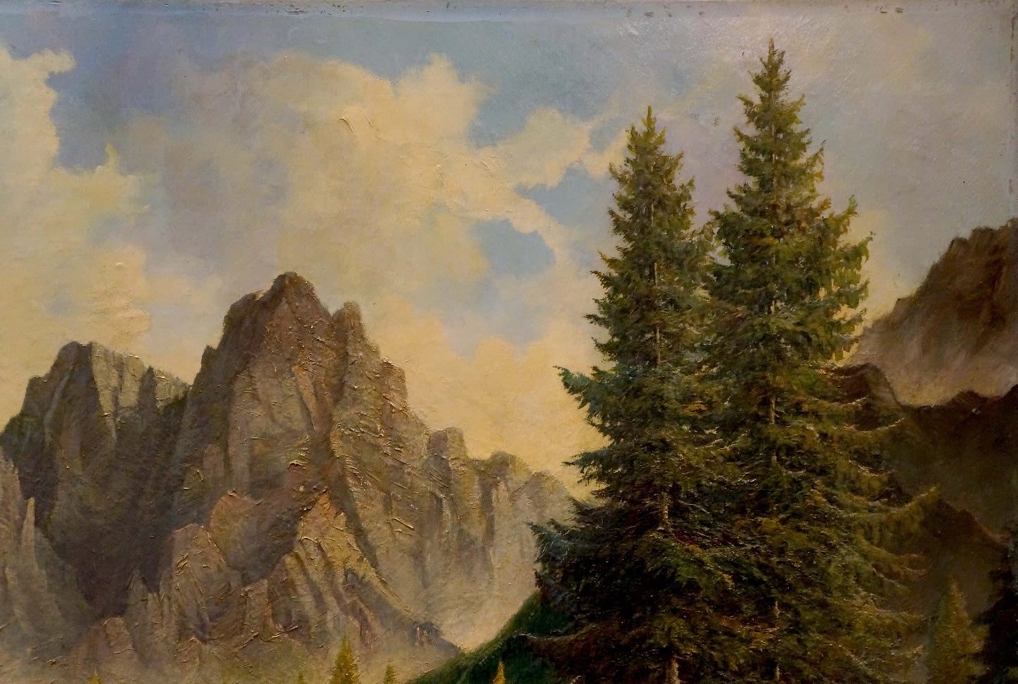 Oil painting Natural Wonder F. Fischer: towering mountains, pine trees