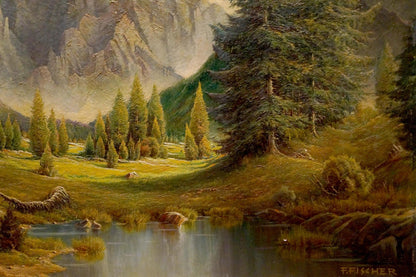 Oil painting Natural Wonder by F. Fischer: serene mountain landscape with pond and peaks