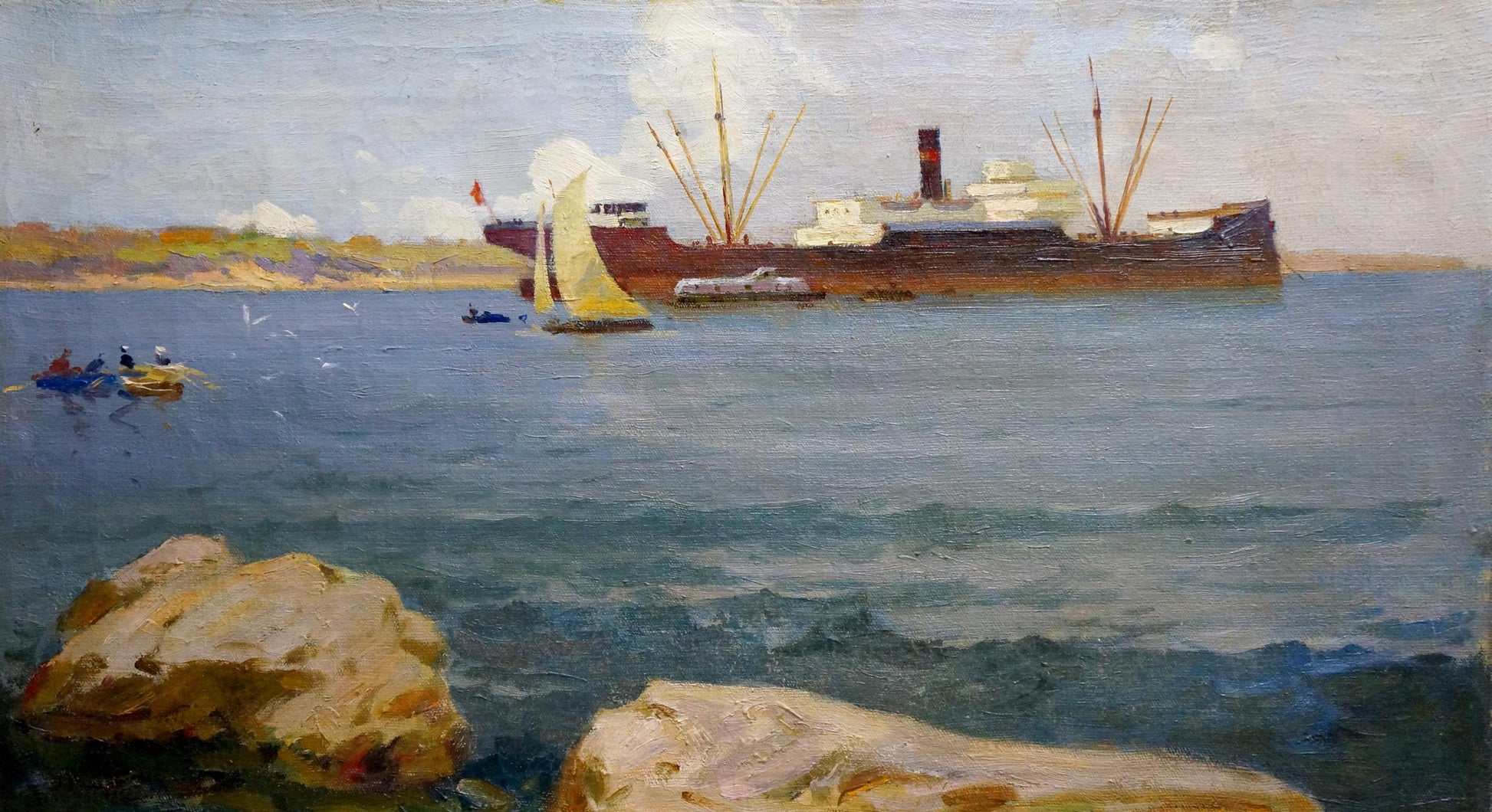 Oil painting by Melnikov Leonid Kuzmich: cargo ship sailing under overcast sky