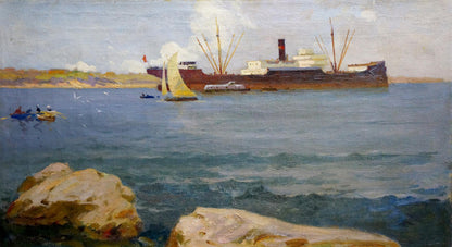 Oil painting by Melnikov Leonid Kuzmich: cargo ship sailing under overcast sky