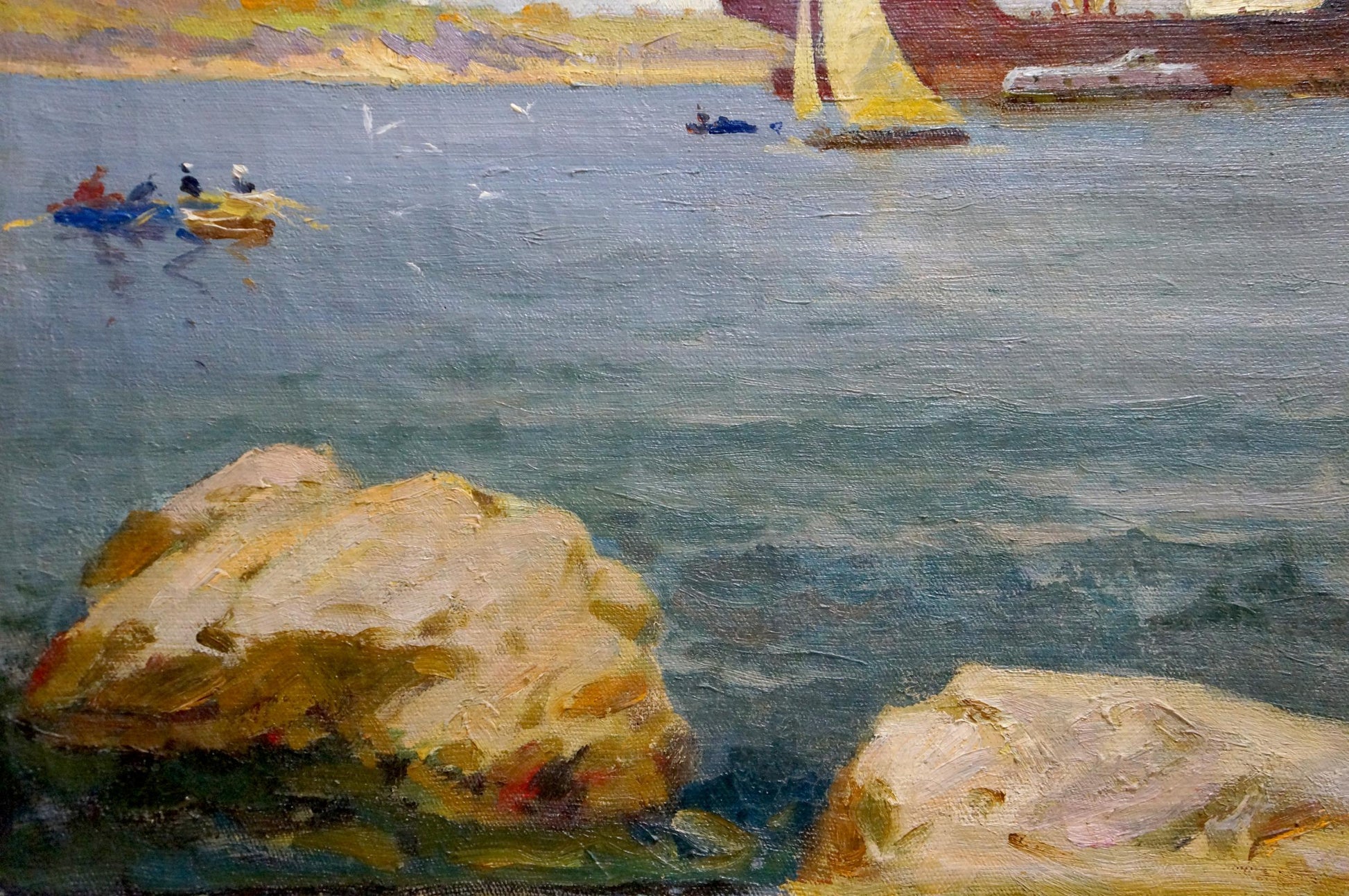 Oil painting Glow by Melnikov Leonid Kuzmich: textured seascape with tan rocks and sailboat