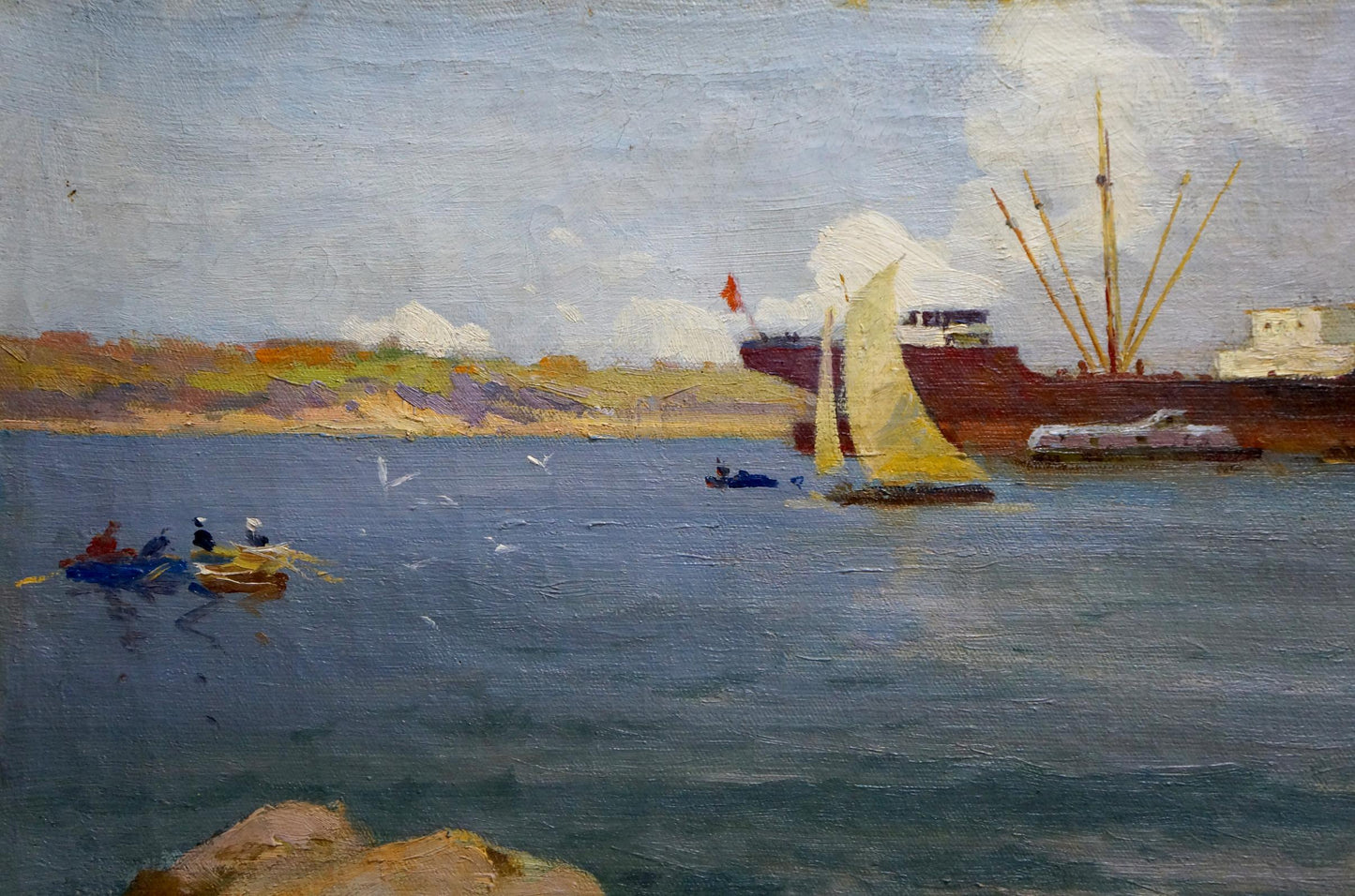 Oil painting Glow by Melnikov Leonid Kuzmich: yellow-sailed sailboat near red cargo ship
