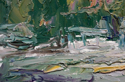 Oil painting of rural landscape by Endeberya Victor, textured impasto greens and blues