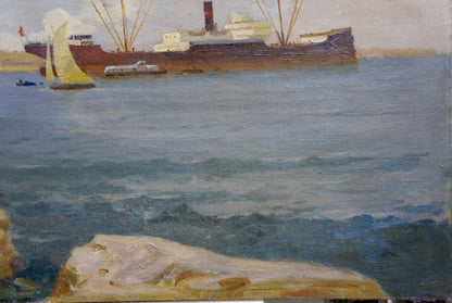 Oil painting by Melnikov Leonid Kuzmich: cargo ship in harbor