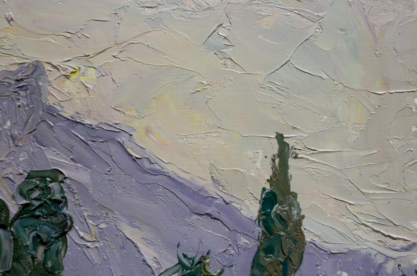 Textured oil painting of rural landscape by Endeberya Victor in muted purples and greens