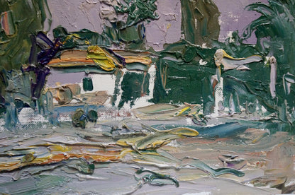 Textured impasto oil painting of rural landscape by Endeberya Victor