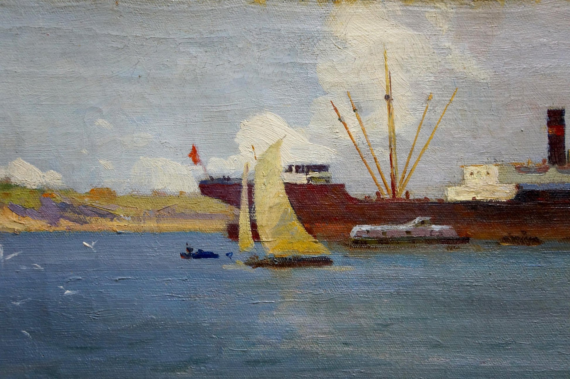 Oil painting by Leonid Kuzmich Melnikov Glow: dark cargo ship with masts and red flag