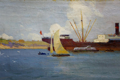 Oil painting by Leonid Kuzmich Melnikov Glow: dark cargo ship with masts and red flag