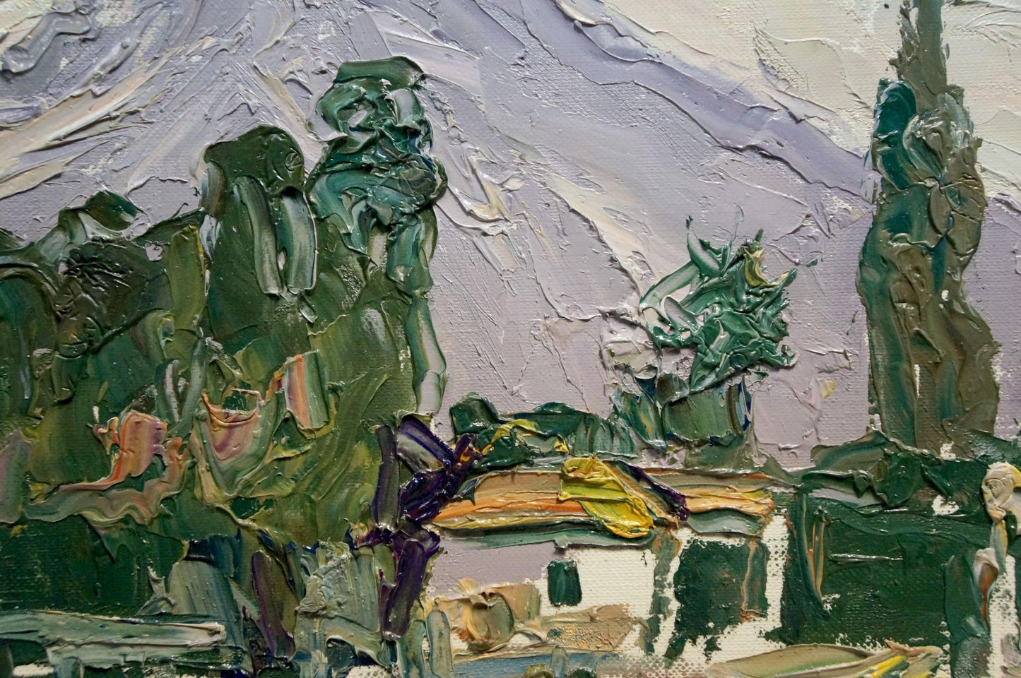 Impasto oil painting Rural landscape Endeberya Victor green foliage purple lavender sky