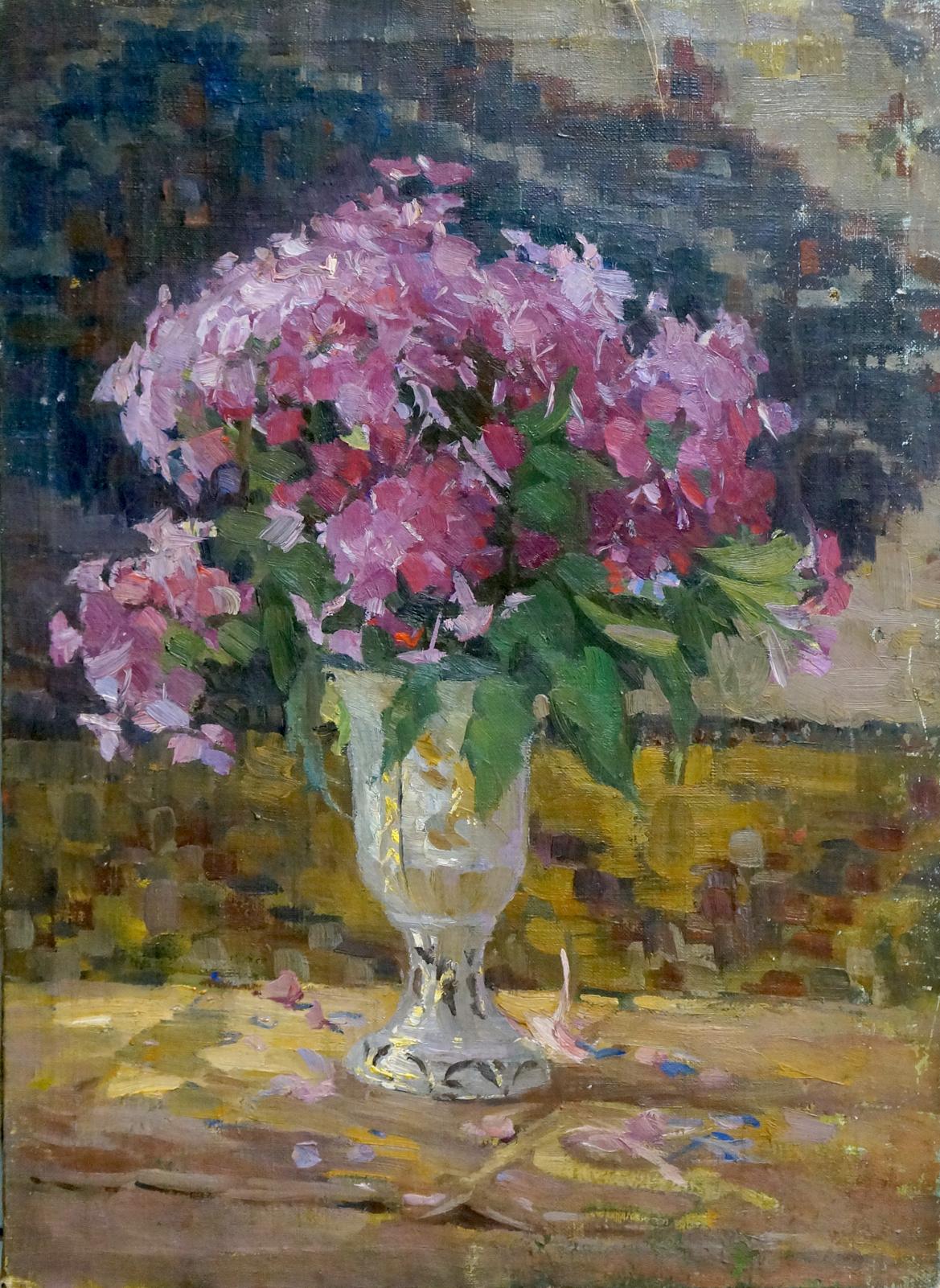 Oil painting of pink lavender phlox in ornate silver vase