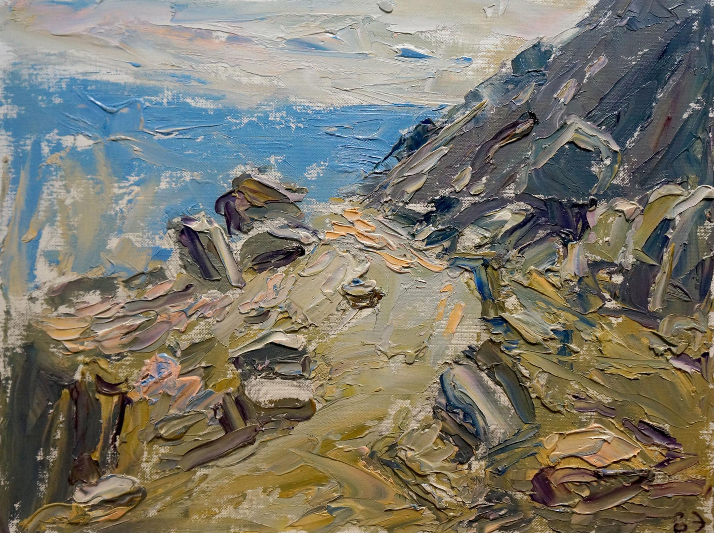 Impasto oil painting of rocky coastal sea views by Endeberya Victor
