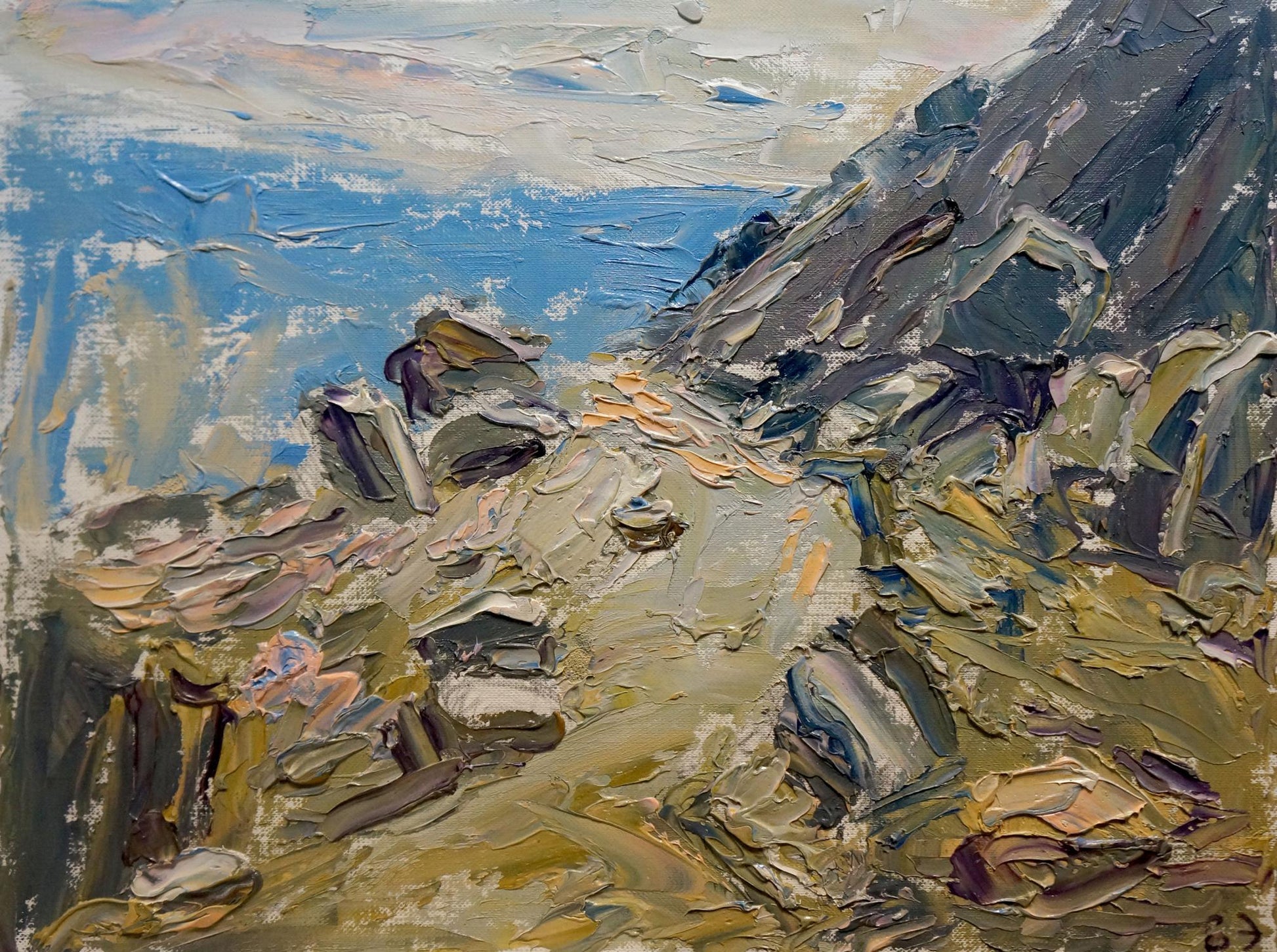 Impasto oil painting of rocky coastal sea views by Endeberya Victor