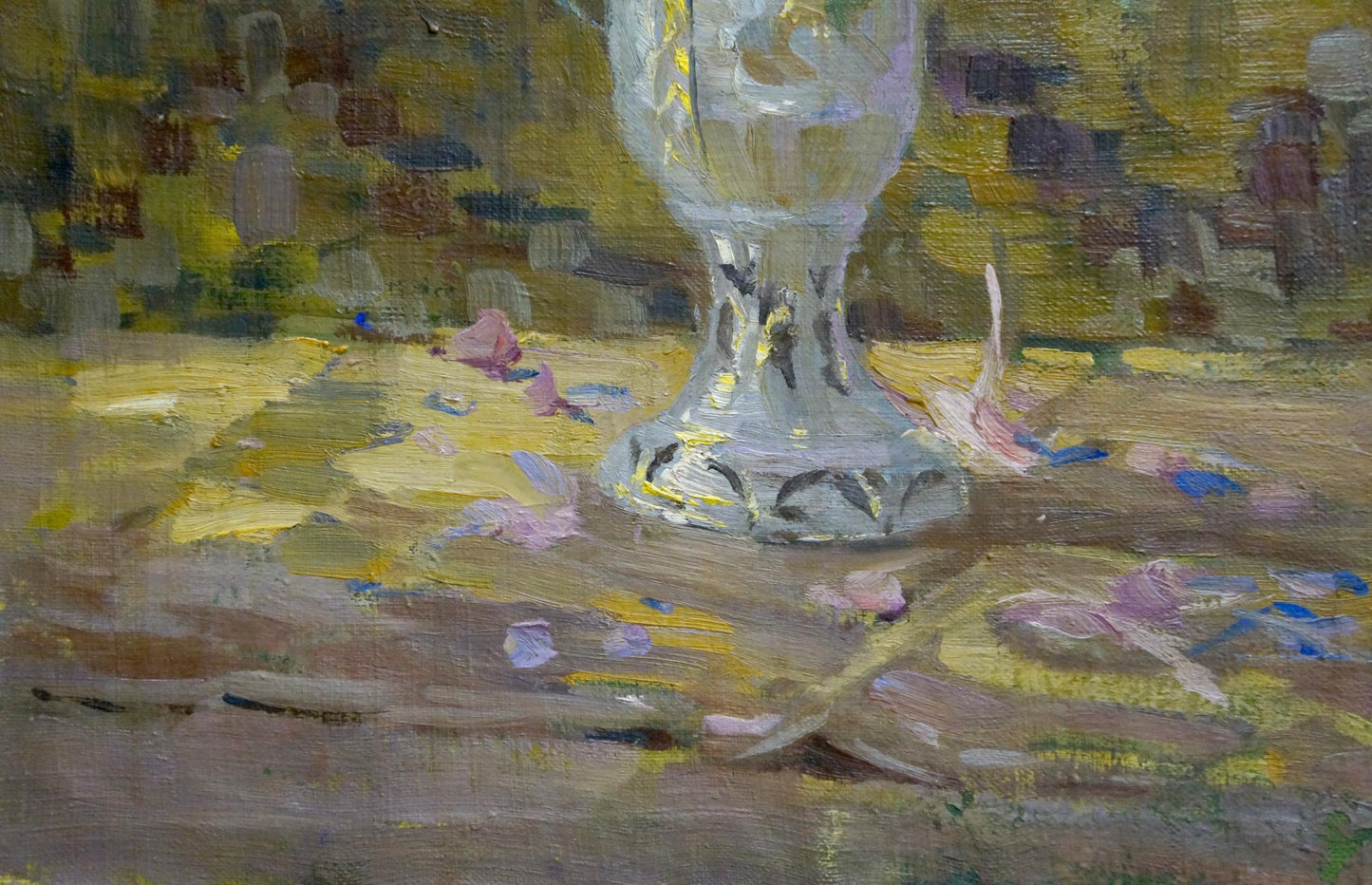 Oil painting of flowers in translucent ornate etched glass vase