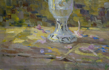 Oil painting of flowers in translucent ornate etched glass vase